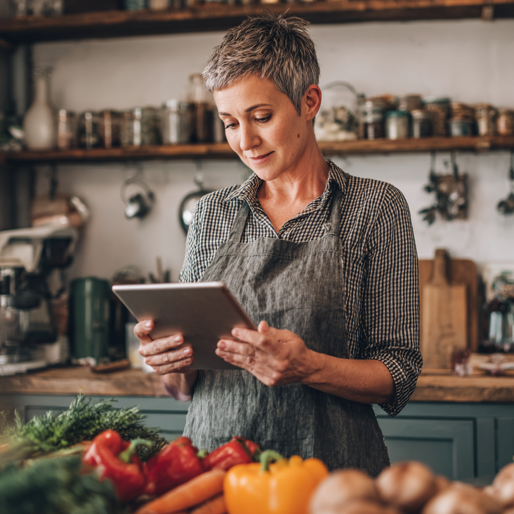Жінка 52 років з короткою стрижкою планує харчування на кухні, тримає в руках планшет з додатком blaskendet