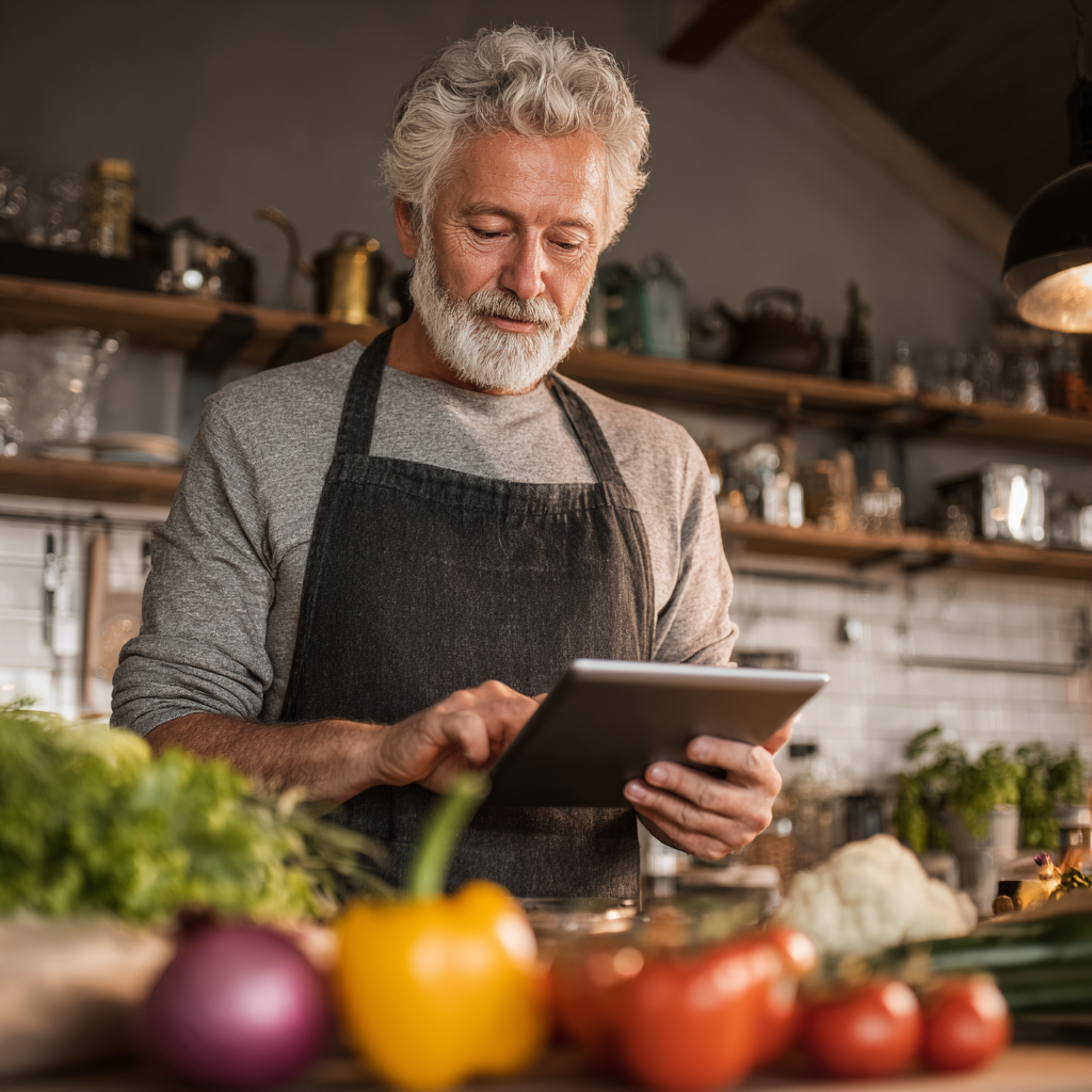 Чоловік 58 років з сивим волоссям готує персоналізоване здорове меню на кухні, використовуючи планшет