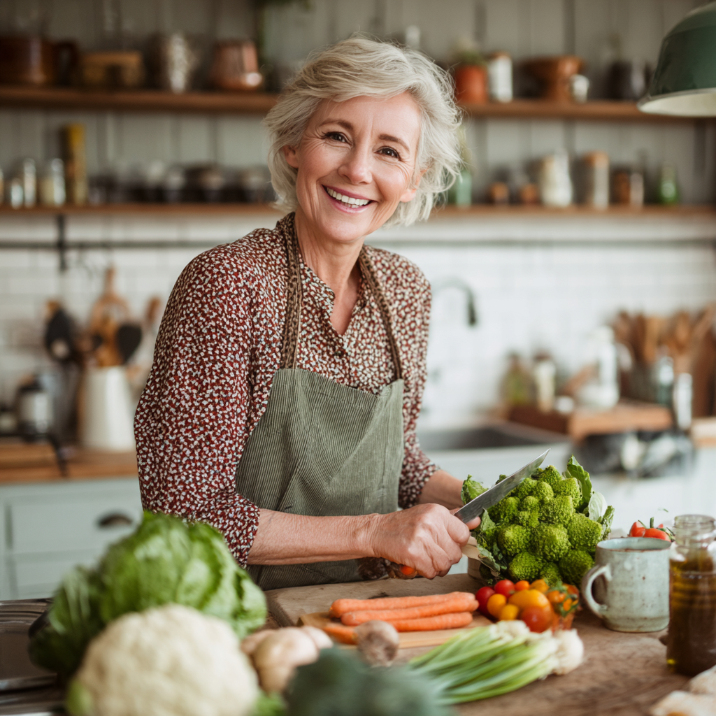 Жінка 55 років готує здорову їжу на кухні, усміхається і тримає свіжі овочі